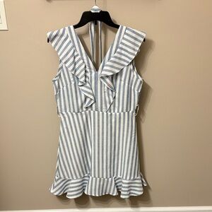 She + Sky Blue and White Striped Ruffle Mini Dress